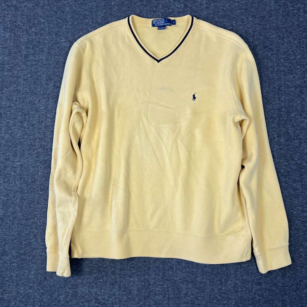 Vintage Polo Ralph Lauren V-Neck Sweater Mens Large Yellow Ribbed Pony Preppy